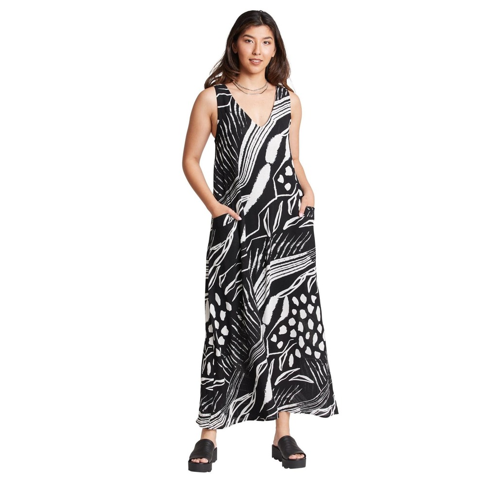 Women's Floral Print Maxi V-Neck Dress Size S Black & White Flowy Compli-K NWT
